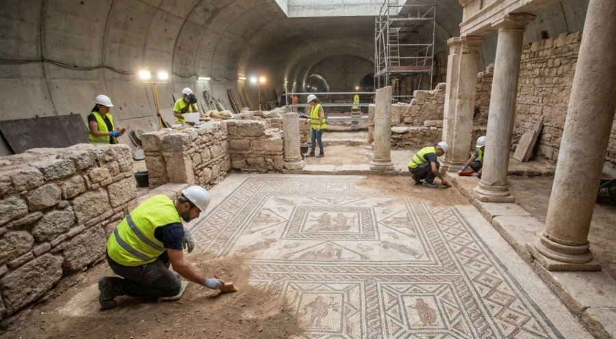 Selanik Metrosu'nda Tarihi Keşif: Roma Dönemine Ait Mozaik Zemin Gün Yüzüne Çıkarıldı